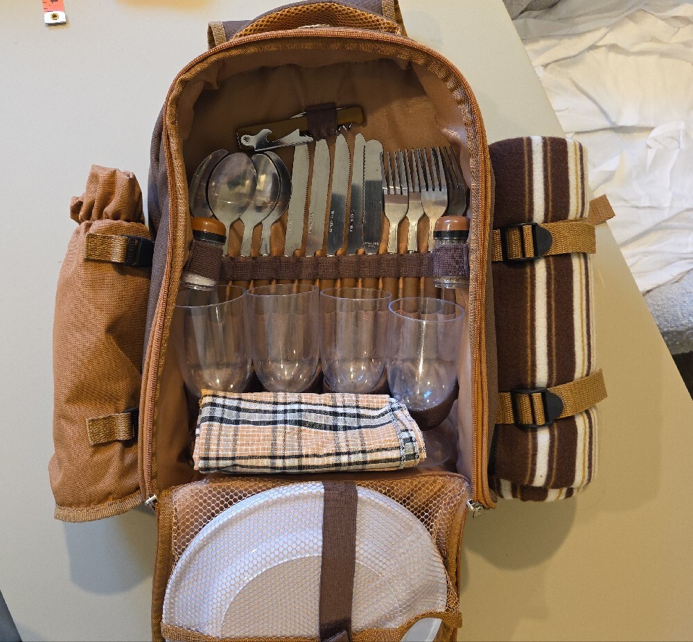 Brown & Tan Striped Picnic Backpack Cooler